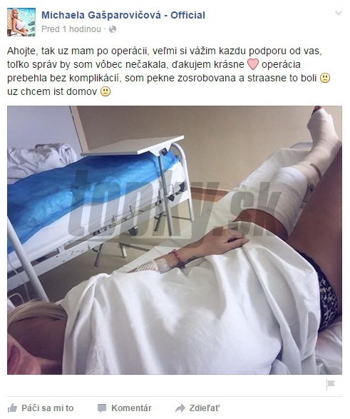 Michaela Gašparovičová v týchto chvíľach trpí od bolesti. Má totiž dvojnásobnú zlomeninu nohy. 