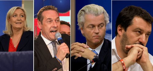 (Zľava) Marine Le Penová, Heinz-Christian Strache, Geert Wilders a Matteo Salvini