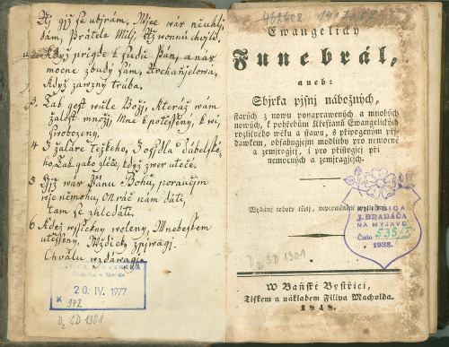 Kuzmány, Karol. Ewangelický funebrál aneb: Sbjrka písní nábožných. W Baňské Bystrici, tiskem a nákladem Filipa Macholda, 1848.