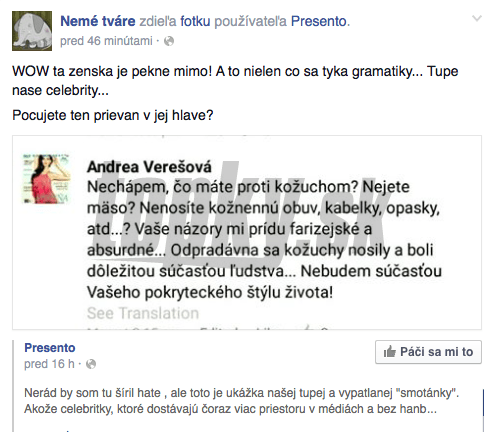Príspevok Andrey Verešovej na Facebooku nerozohnil len jej fanúšikov, ale aj ochranárov zvierat. 