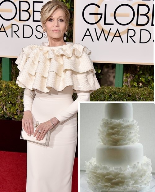 Nestarnúca Jane Fonda (78) zvolila róbu, ktorá mnohým pripomínala tortu. Takéto koláže dnes zaplavili sociálne siete. 