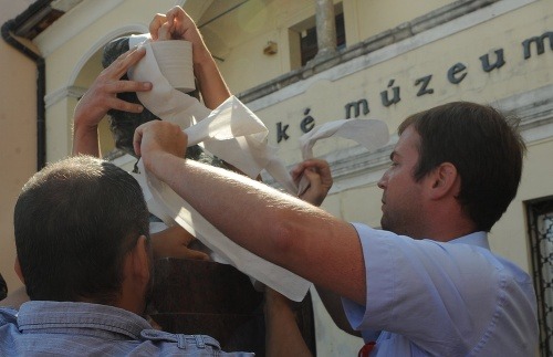 Aktivisti obalili bustu v roku 2011 toaletným papierom.