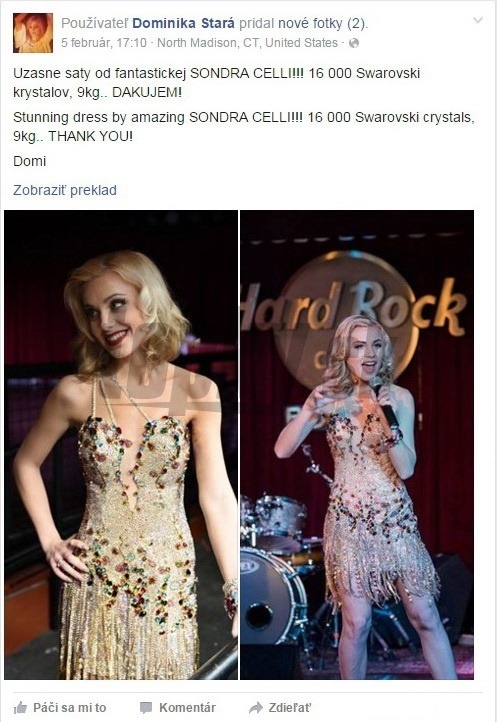 Dominika Stará sa na svojom Facebooku pochválila megaťažkými šatami, ktoré mala na jednom z vystúpení. Kvôli kamienkom vážili neuveriteľných 9 kíl.