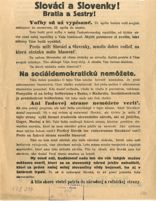 Volebný plagát Slovenskej národnej a roľníckej strany – po roku 1918