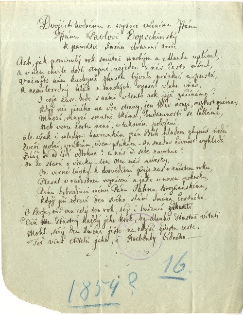 Oslavná resp. pozdravná báseň M. Hrebendu na meno Pavla Dobšinského (Literárny archív SNK, sign. M 14 CH 8)