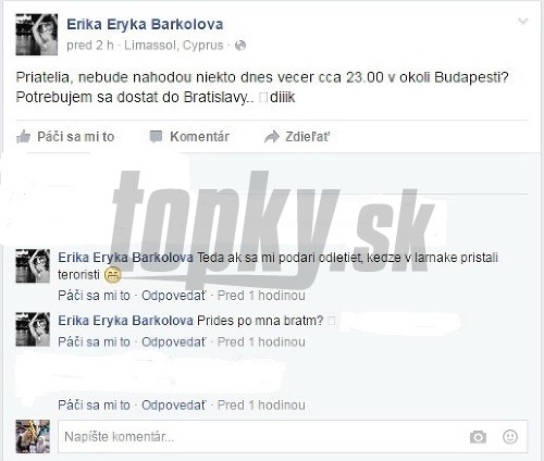 Jojkárka Erika Barkolová informovala na sociálnej sieti svojich priateľov o tom, že sa ocitla v centre cyperskej drámy.