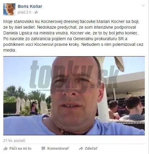 Boris Kollár sa k tlačovke Mariána Kočnera vyjadril na sociálnej sieti Facebook.