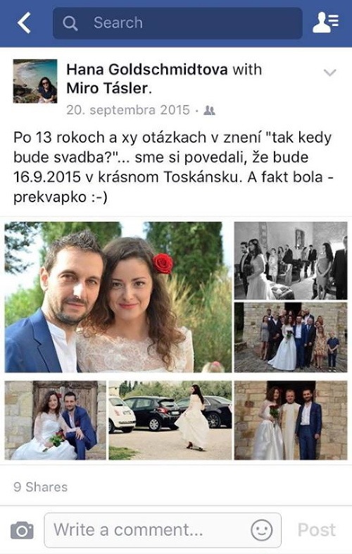 So svojím šťastím sa Miro Tásler podelil deň po svadbe na sociálnej sieti Facebook.