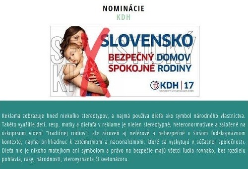 Medzi nominovanými bol aj billboard strany KDH: