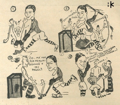 Karikatúra techniky úspešného hokejistu (Športový týždeň, č. 8, 1932)