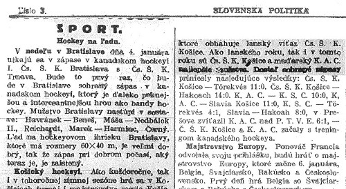 Správa o prvom medzinárodnom zápase kanadsko-hokejovom v Bratislave (Slovenská politika, 4. 1. 1925, s. 5)