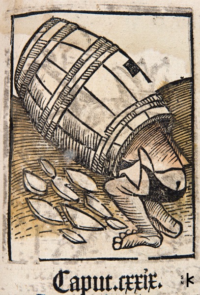 Obrazy pijanov v starých tlačiach – Hortus (Ortus sanitatis…), Strassburg, Reinhard Beck, 1517. Víno však častokrát splodilo aj hriech – spomeňme v Biblii napríklad Lota a jeho dve dcéry.