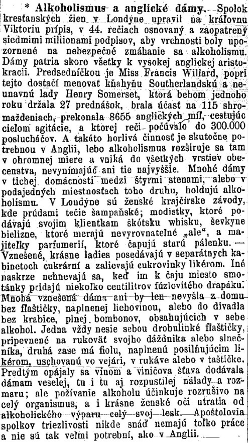 Článok „Alkoholizmus a anglické dámy, Národnie noviny, 1897, č. 142