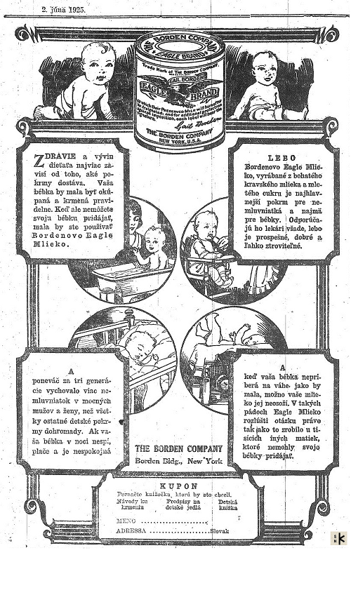Reklama na knihu, ktorá mapovala zdravotný stav batoliat v časopise Americký Slovák, 2. júna 1925