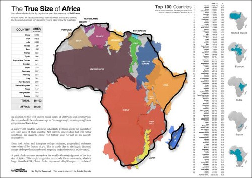 Skutočná veľkosť Afriky a iných krajín v porovnaní s ňou.