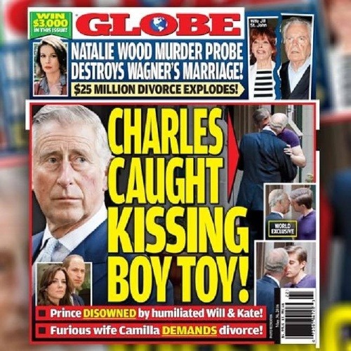 Magazín Globe prišiel s titulnou stránkou, na ktorej sa chlapík vyzerajúci ako princ Charles bozkáva s mladíkom. 