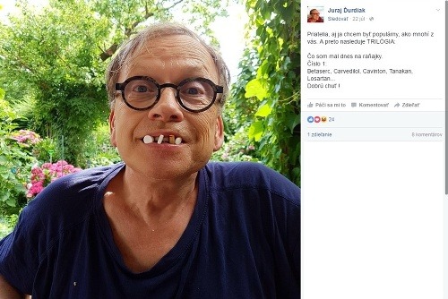 Herec Juraj Ďurdiak zavesil na web fotku, na ktorej má v ústach lieky, ktoré sa užívajú pri demencii či psychických symtómoch.