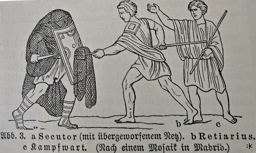 Obľúbené staroveké športy hod diskom (socha Diskobola od Myróna) a zápas v Meners konversation lexikon, 1896