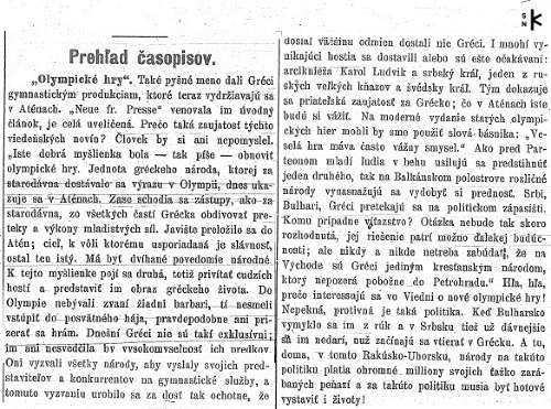 Zmienka o „Olympických hrách“ z roku 1896 v Národných novinách, 1896, č. 79, s. 2