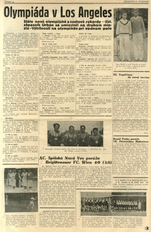 Výsledky OH v Los Angeles priniesol Športový týždeň 1932, číslo 34, s. 4