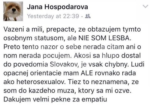 Jana Hospodárová na sociálnej sieti Facebook vyvrátila špekulácie o svojej orientácii. 