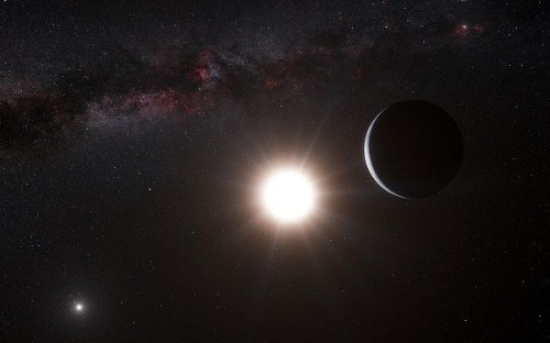 Alfa Centauri B (v strede), Alfa Centauri A (naľavo)