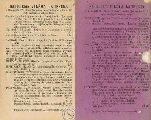 Reklama na učebnice pre prostonárodné školy z roku 1879. Nájdete v nej aj Mluvnicu slovenského jazyka od M. Hattalu, ktorá významne zmenila slovenský pravopis kodifikovaný Ľ. Štúrom a spol.