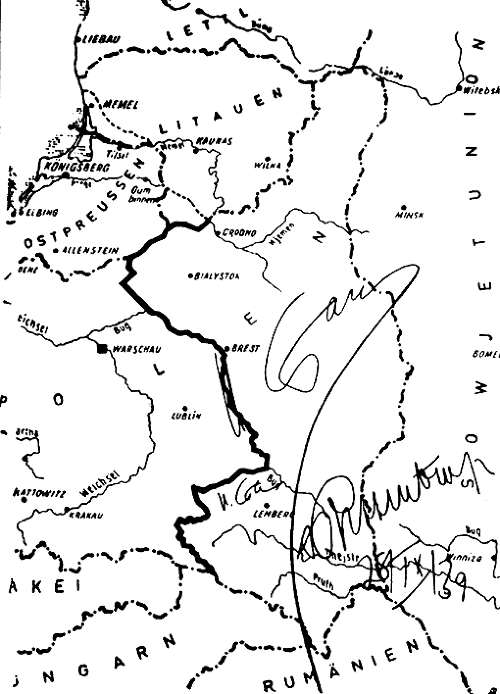 Mapa s rozdeleným Poľskom s podpismi (parafami) J. V. Stalina a J. Ribbentropa, príloha k nemecko-sovietskej zmluve z 28. septembra 1939.