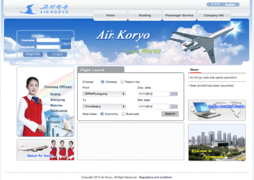 Stránka severokórejských aeroliniek.