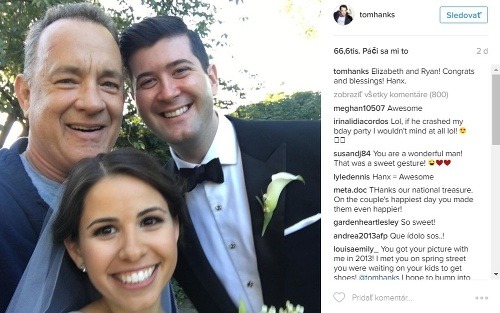 Tom Hanks gratuloval mladomanželom aj prostredníctvom svojho instagramového konta. 