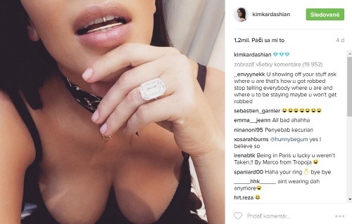 Kim Kardashian sa prepychovým diamantovým prsteňom od manžela chválila na instagrame. Počas lúpežného prepadu oň prišla. 