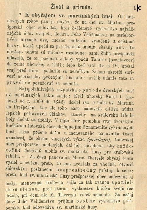 K obyčajom sv. martinských husí. In: Obzor, 1881, č. 13, 25. november 1881, s. 259 – 260.