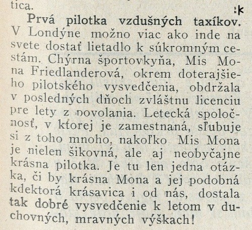 Prvú pilotku vzdušných taxíkov predstavuje Nová žena z roku 1939 (č. 24, s. 5)