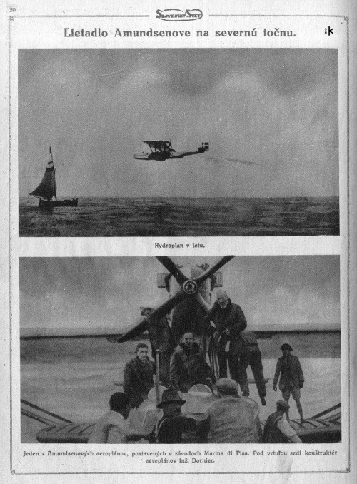 Správy o Amundsenových plánoch na výpravu na severnú točňu – Slovenský svet, 1924, č. 28, s. 19 – 20 a Vlasť a svet, 1913, č. 30
