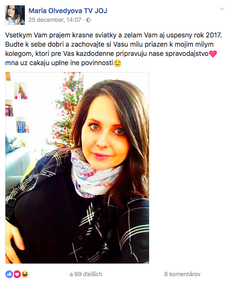 Moderátorka jojkárskeho spravodajstva Mária Ölvedyová sa so šťastnou novinou pochválila na sociálnej sieti Facebook.