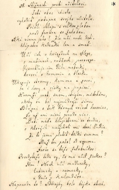 Rukopis bájky Stížnosti proti učiteli (Literárny archív SNK, sign. 170 A4) a jej tlačená verzia z r. 1866