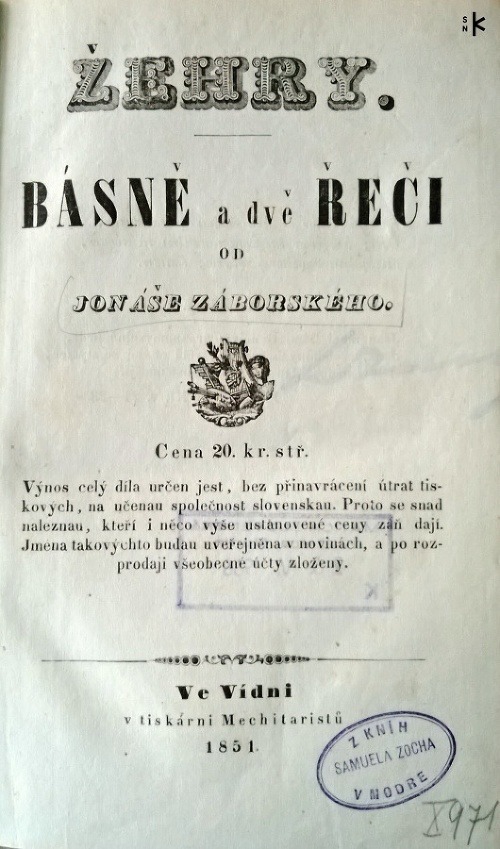 Žehry. Básně a dvě řeči od Jonáše Záborského (Ve Vídni, 1851)