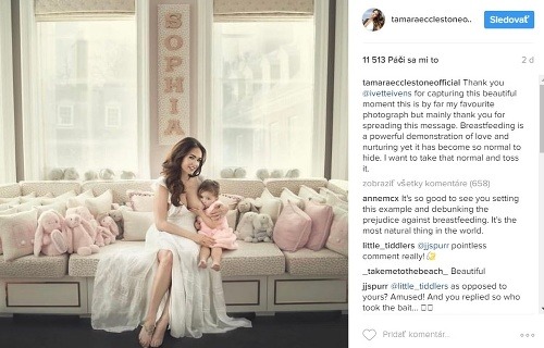 Tamara Ecclestone zverejnila na instagrame fotky, ako dojčí svoju trojročnú dcérku. 