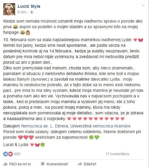 Lucia Sládečková na svojom Facebooku prezradila nielen meno svojej dcérky, ale aj deň jej narodenia.