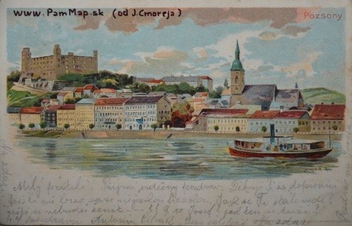 Malebný pohľad na starý Prešporok okolo roku 1900 (digitalizát pohľadnicue na oskenovanie poskytol zberateľ Július Cmorej).