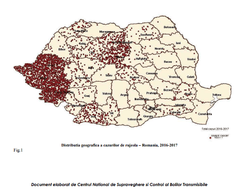 Lokalizácia výskytu osýpok v Rumunsku. Zdroj: Cnscbt.ro