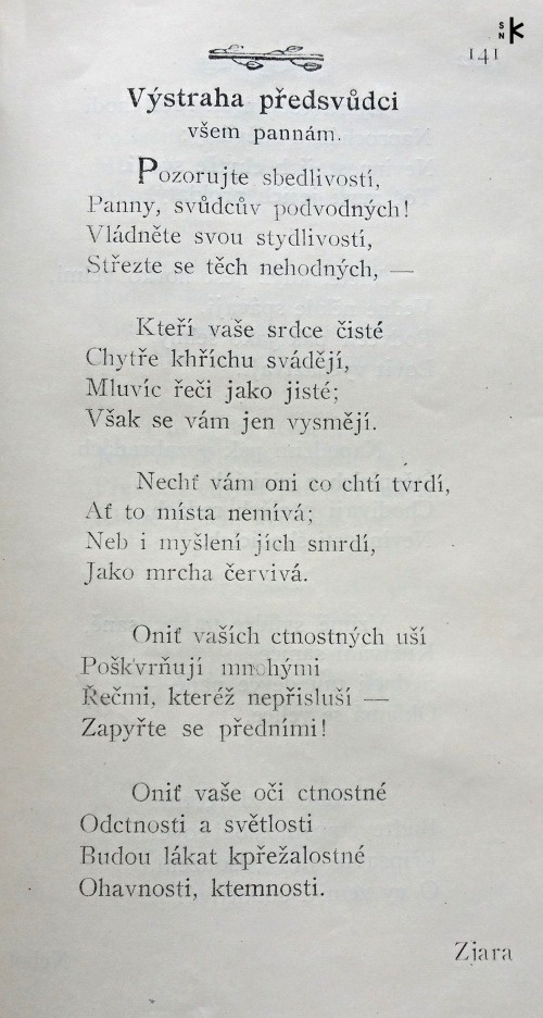 Báseň Výstraha před svúdci všem pannám od Rebeky Leškovej, uverejnená v Almanachu A. J. Puchmajera (1920)