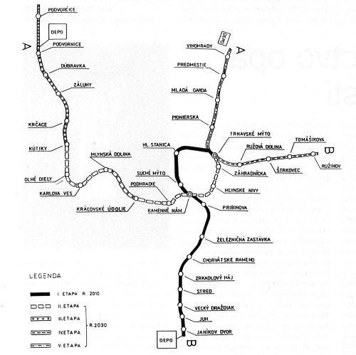 Navrhovaná sieť metra v Bratislave z roku 1997 s dĺžkou 32 km a 35 stanicami.