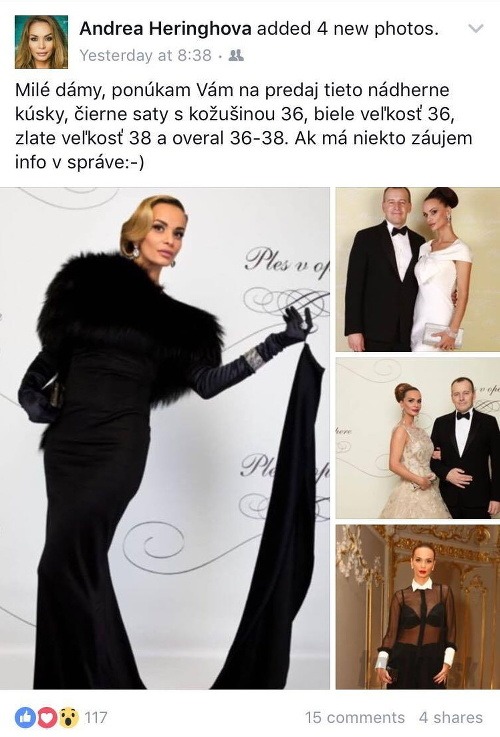 Andrea Heringhová sa prostredníctvom Facebook začala zbavovať drahých šiat od Borisa Kollára. 