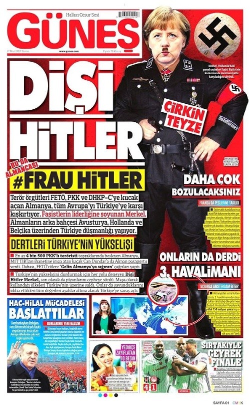 Turecké provládne noviny označili Merkelovú za Adolfa Hitlera