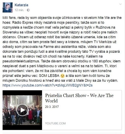 Speváčka Katarzia, ktorá sa nahrávania piesne tiež zúčastnila, napísala na svoj Facebook poriadne ironický status.