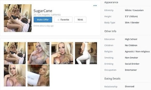Na internetovej zoznamke vystupuje Courtney Stodden pod prezývkou SugarCane.