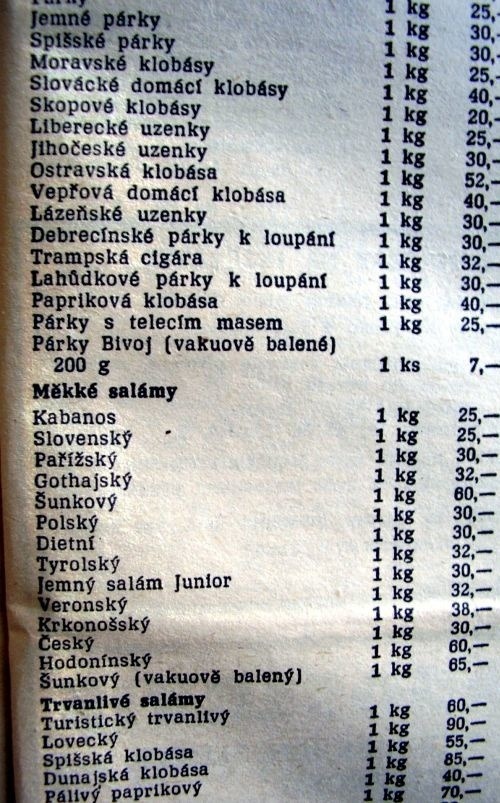 Salámy a údeniny. Ceny z roku 1989.
