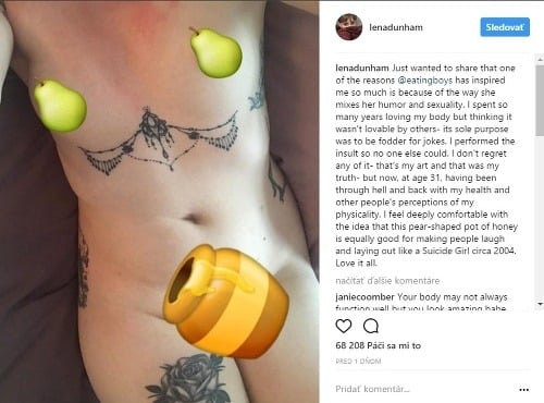 Lena Dunham zverejnila na instagrame fotku, na ktorej je úplne nahá. 