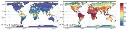 Frekvencia výskytu 3-sigma udalostí - vĺn horúčav počas letných mesiacov (jún-august) podľa výstupov modelov CMIP5 pre emisné scenáre 